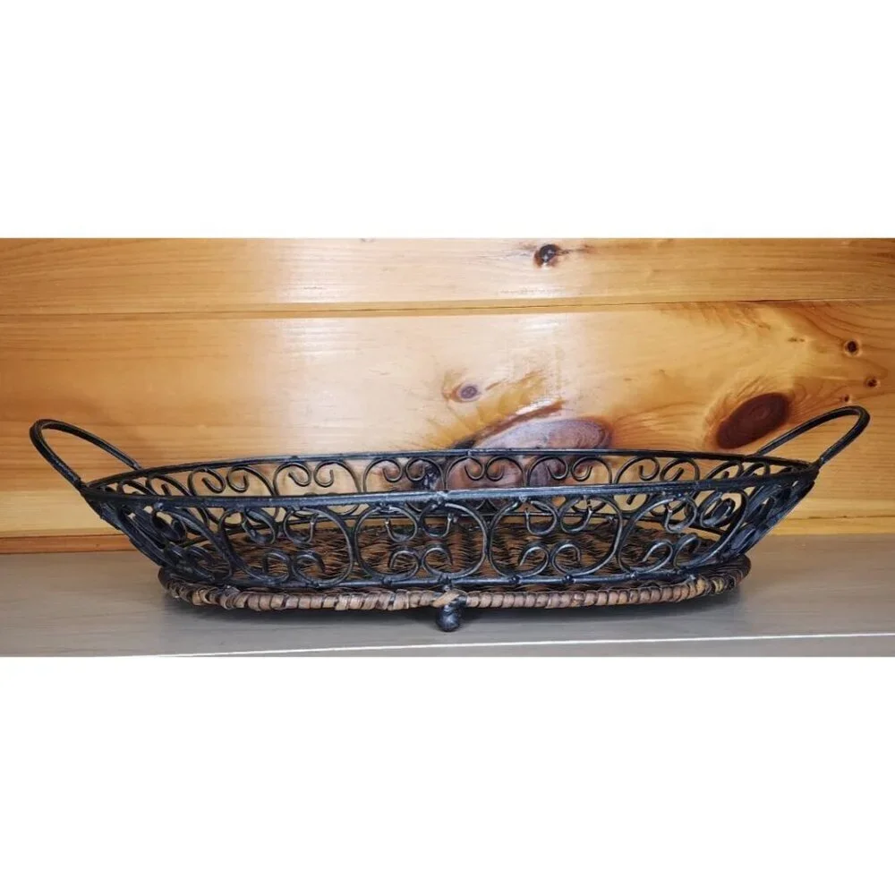 Metal and Wicker Serving Tray with Handles Distressed Farmhouse Decor Basket